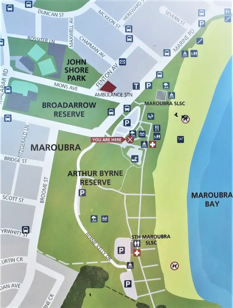 Maroubra Beach map showing parking and facilities.