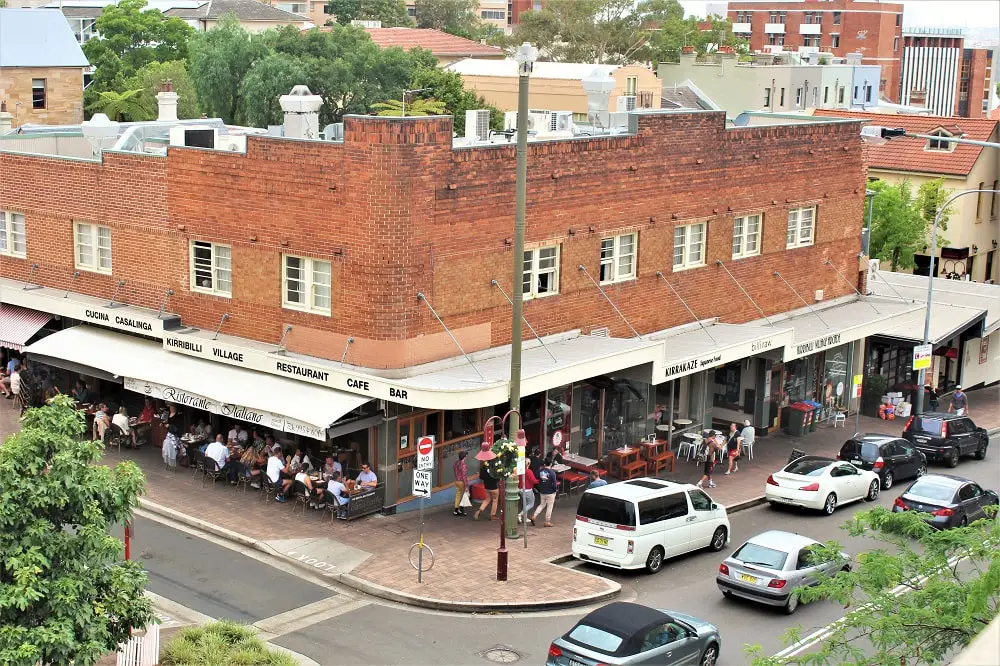 Looking down on a busy cafe strip in Kirribilli, Sydney.