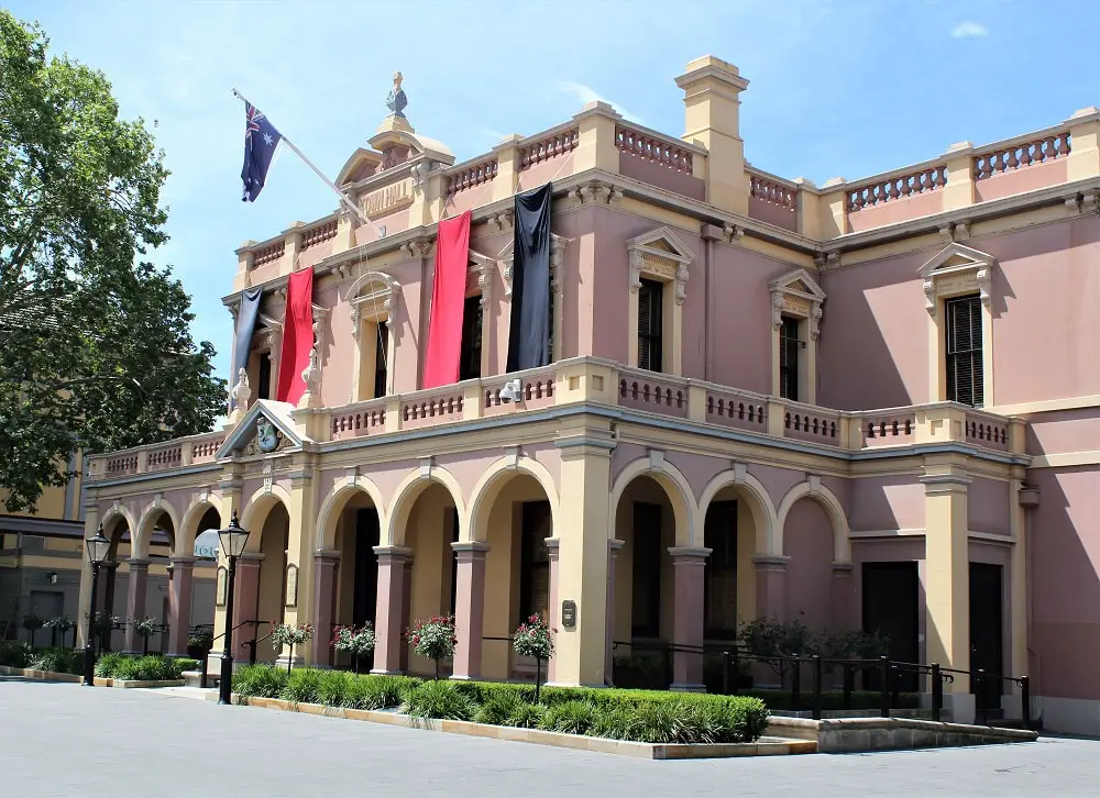 Pretty pink town hall in Parramatta.