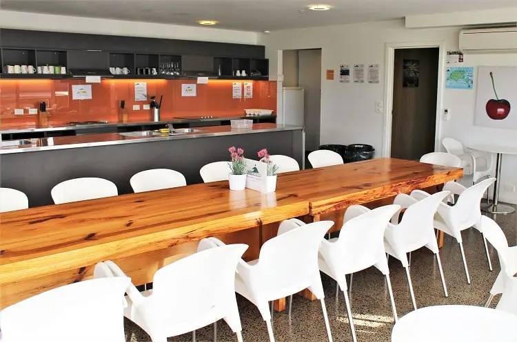 Modern communal kitchen at The Island Accommodation, a hostel on Phillip Island, Australia.