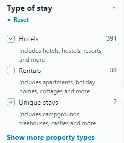 Some of the filters on HotelsCombined.