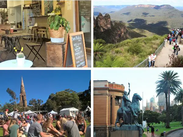 Living in Sydney montage: Manly cafe, Blue Mountains, Newtown Festival and Art Gallery of NSW.