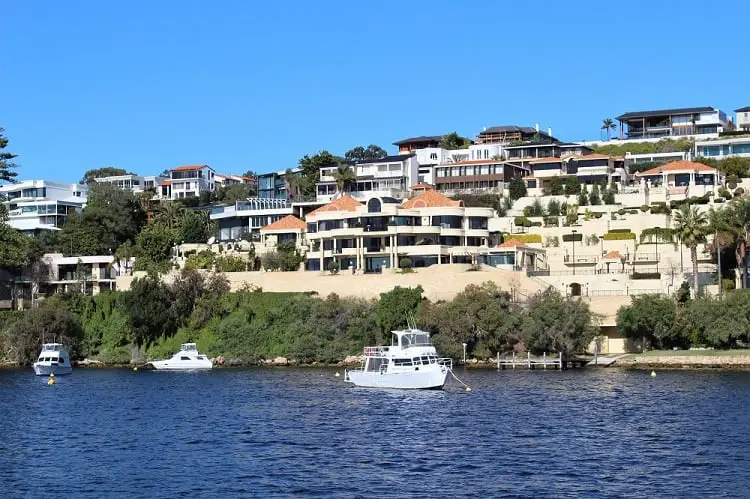 Mansions along the Swan River in Perth, Australia, viewed from a Swan River cruise.