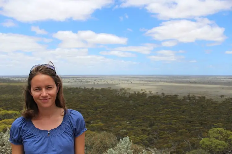 Blogger Lisa Bull at Madura Pass on her trip across the Nullarbor, Australia.