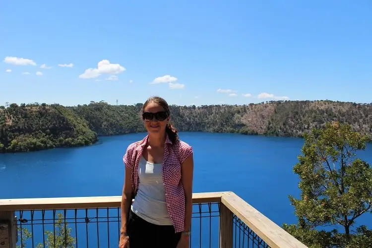 Lisa Bull, founder of Dreaming of Down Under blog, at Blue Lake in Mount Gambier.