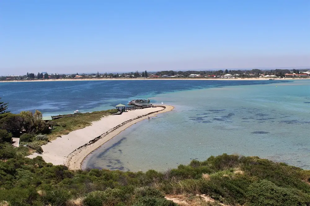 Looking down on the beach and jetty at Penguin Island, Western Australia, with Rockingham across the water. This is the first stop on a Perth to Adelaide road trip.