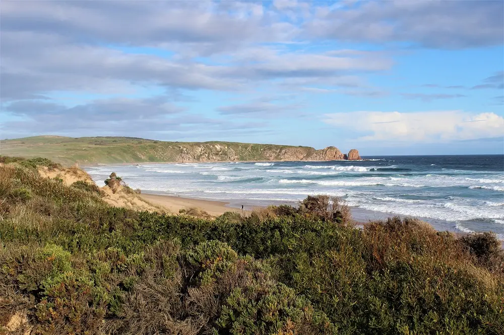 Craggy coastal scenery at Cape Woolamai, Phillip island This is a fantastic first drive stop on a Melbourne to Sydney road trip.