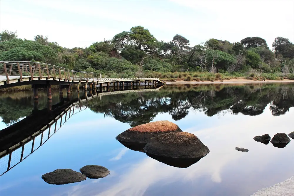 Glassy water and a bridge at Tidal River, Wilsons Prom.