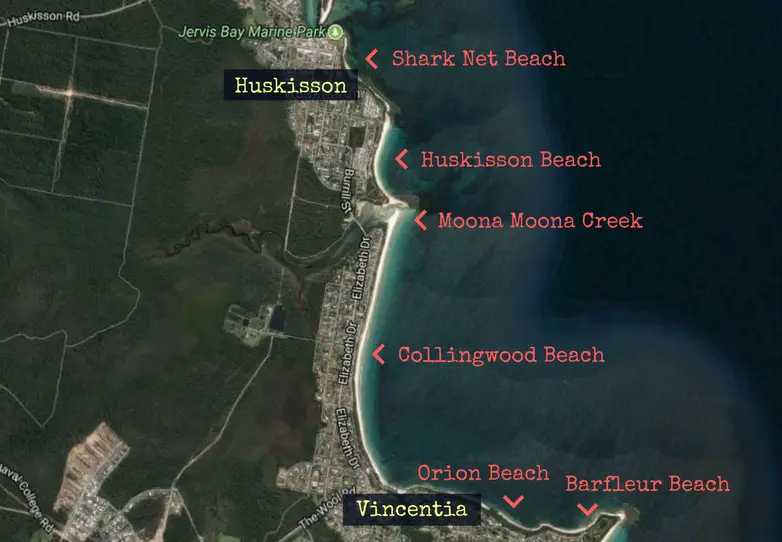 Guide to Jervis Bay beaches from Huskisson to Hyams Beach, including the amazing White Sands Walk, maps, and useful information such as parking, cafes, picnic areas and toilet locations!