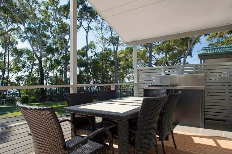 Verandah and trees at White Sands Holiday Park in Huskisson.