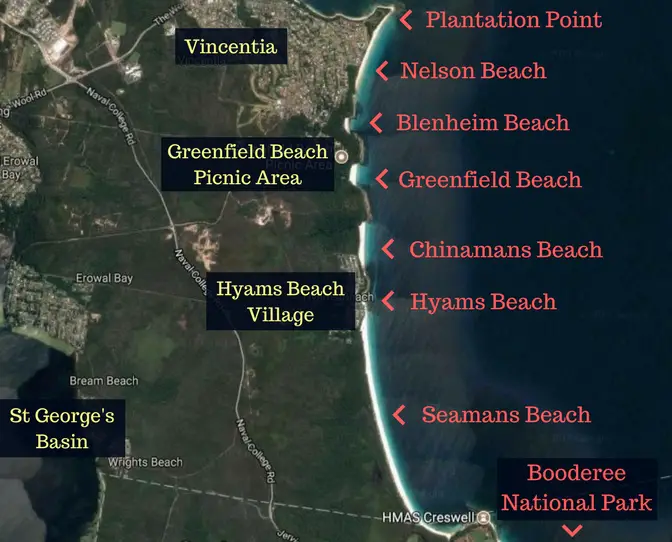 Guide to Jervis Bay beaches from Huskisson to Hyams Beach, including the amazing White Sands Walk, maps, and useful information such as parking, cafes, picnic areas and toilet locations!