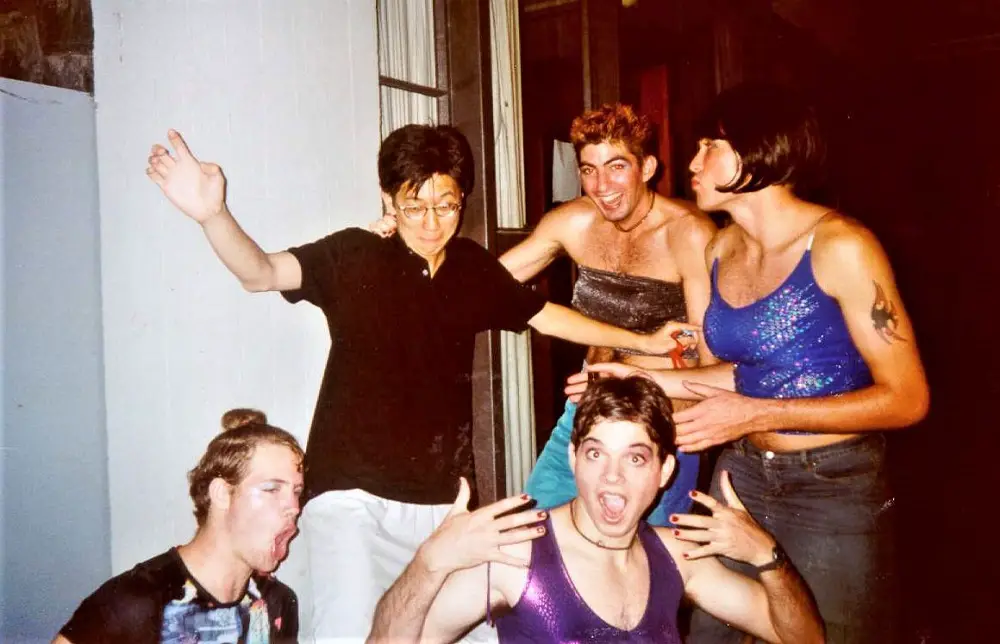 Male students in fancy dress as women at a university college in Brisbane.