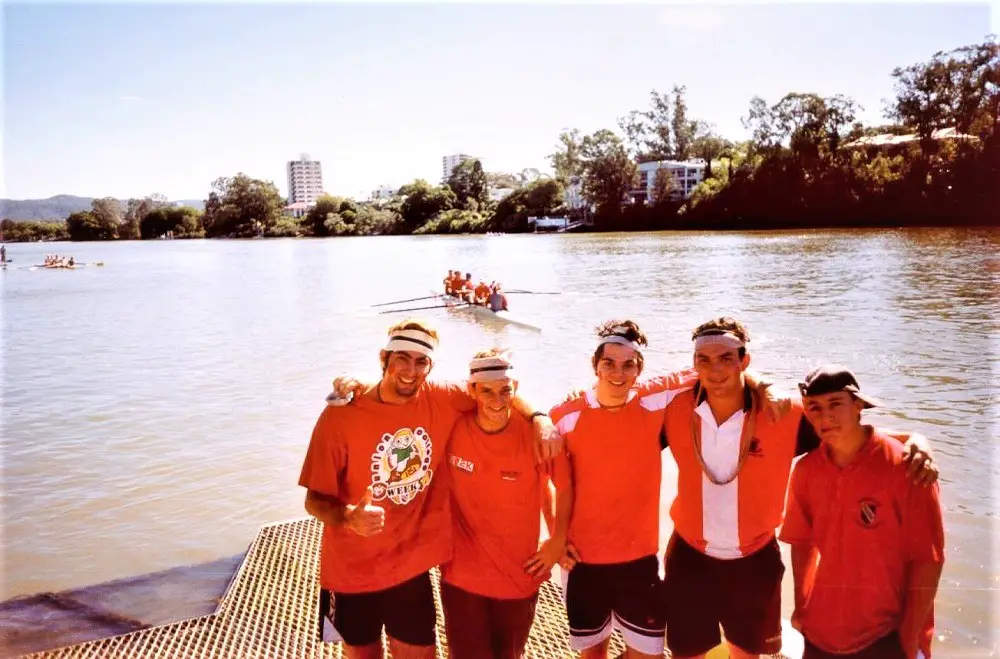 Male Australian students at a rowing regatta in Brisbane in 2002 (Union College, UQ).