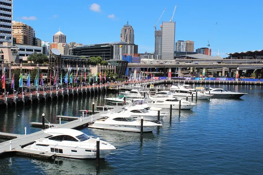Boats lined up at Darling Harbour, Sydney.