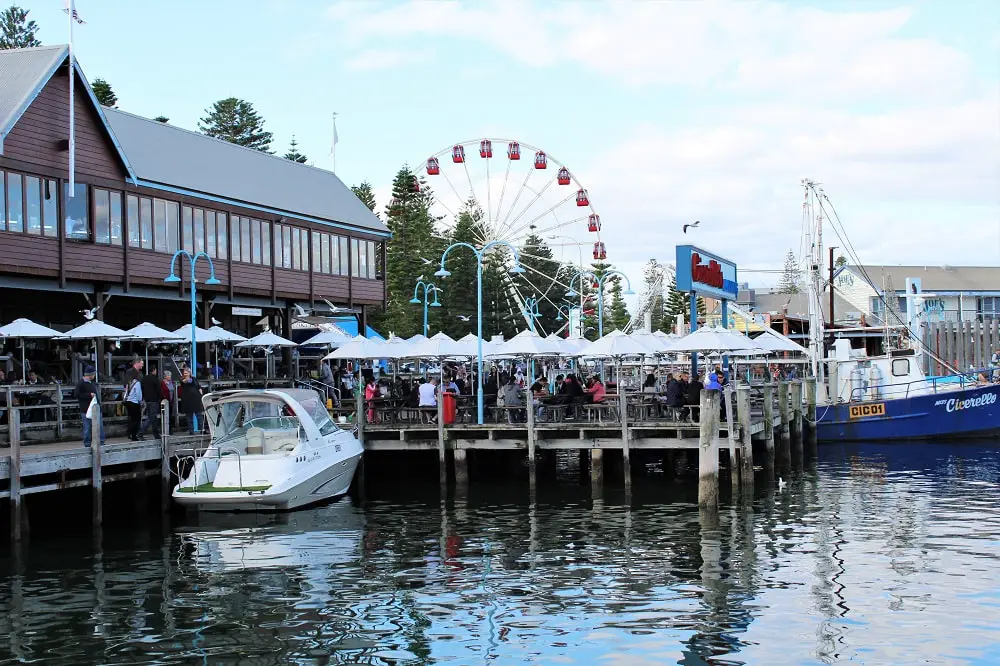 Fremantle harbour and restaurants.