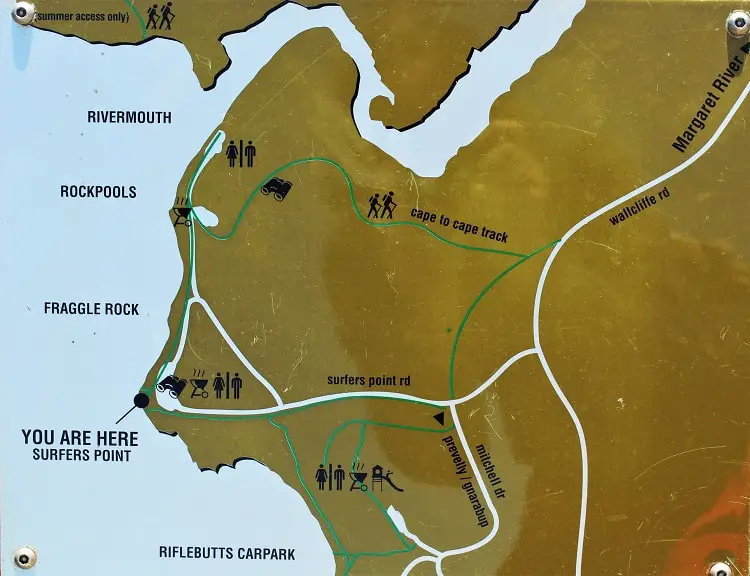 Margaret River map: Cape to Cape track and coastline.