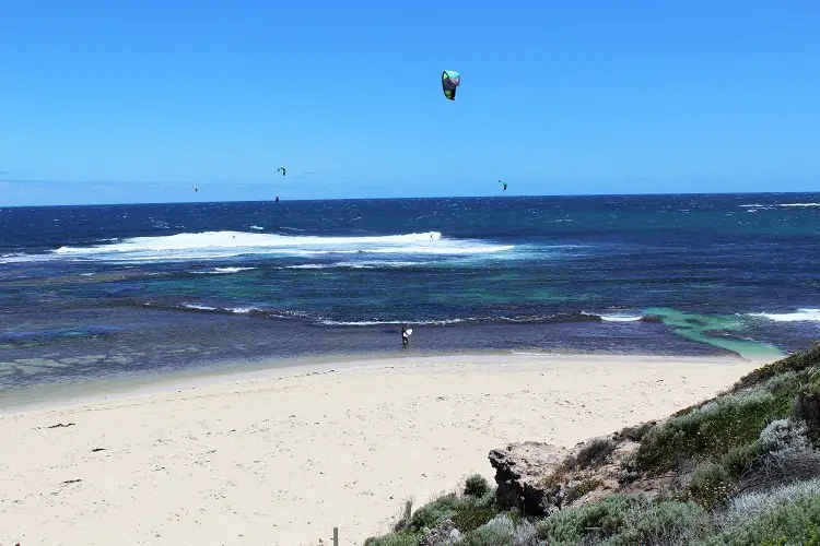 Kitesurfers at a beach in Western Australia.