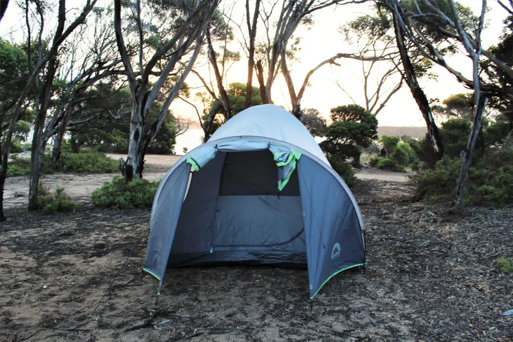 Bremer Bay camping: a tent at sunset at a free camp in Western Australia.
