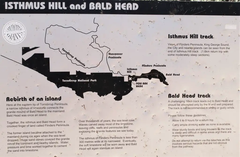 Informational sign on Isthmus Hill and Bald Head in Torndirrup National Park.