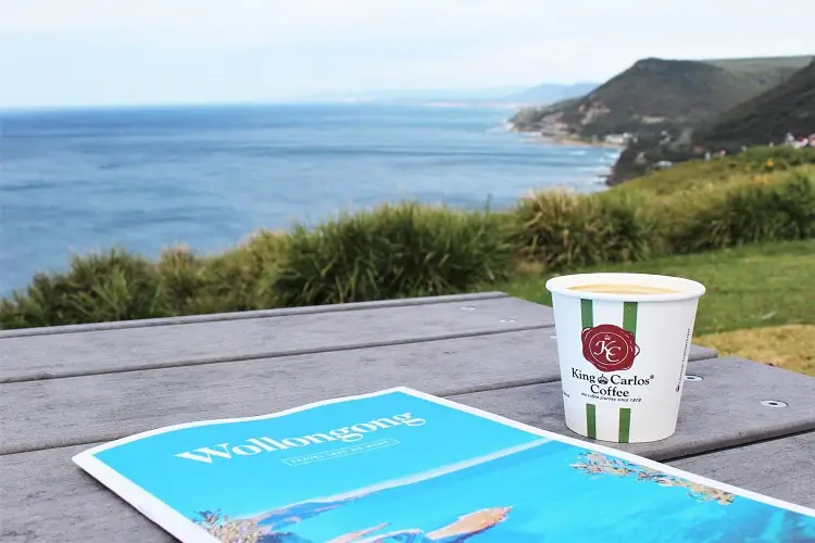  Enjoying coffee with a view and a Wollongong tourist brochure at Bald Hill.