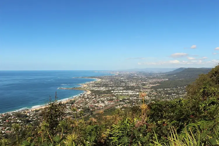 The view towards Wollongong from the top at Sublime Point Lookout: ocean, suburbs and the Illawarra escarpment.