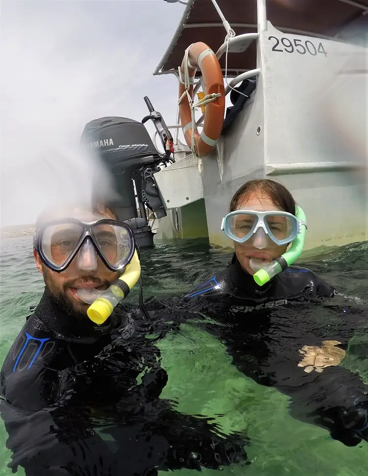 Travel blogger Lisa Bull and friend snorkelling on the Baird Bay Eco Ocean Swim.