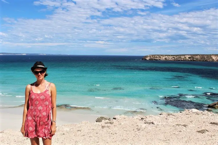 Travel blogger Lisa Bull at Golden Island Lookout in Coffin Bay National Park, Australia.