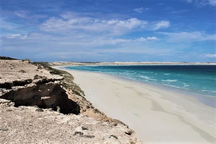 Views of a bright white beach stretching across Almonta Beach and Gunyah Beach in Coffin Bay National Park.