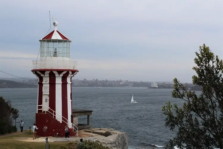Stripy Hornby Lighthouse in Watsons Bay on an overcast day.
