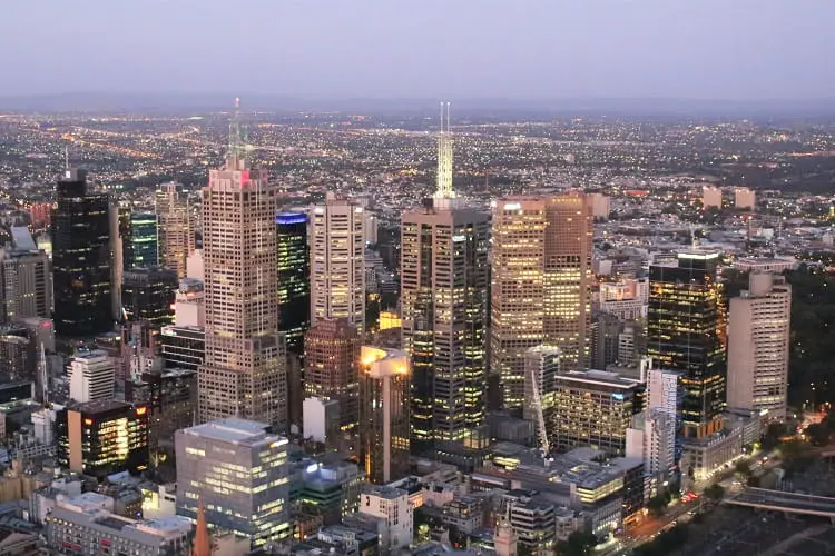 Melbourne just after sunset, with the skyscrapers lit up, viewed from the Melbourne Skydeck