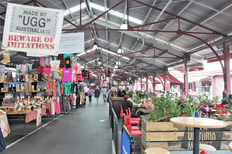 Clothing stalls and dining area at Queen Victoria Market, Melbourne.
