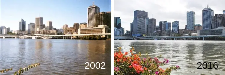 Brisbane CBD skyline in 2002 vs 2016.