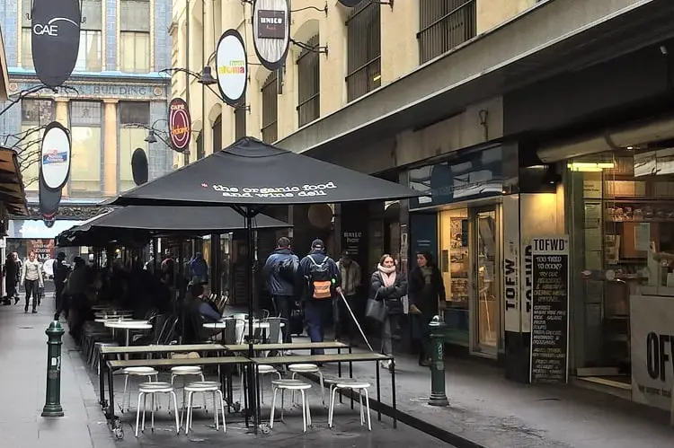 Melbourne weather in winter: locals wrapped up warm getting coffee.