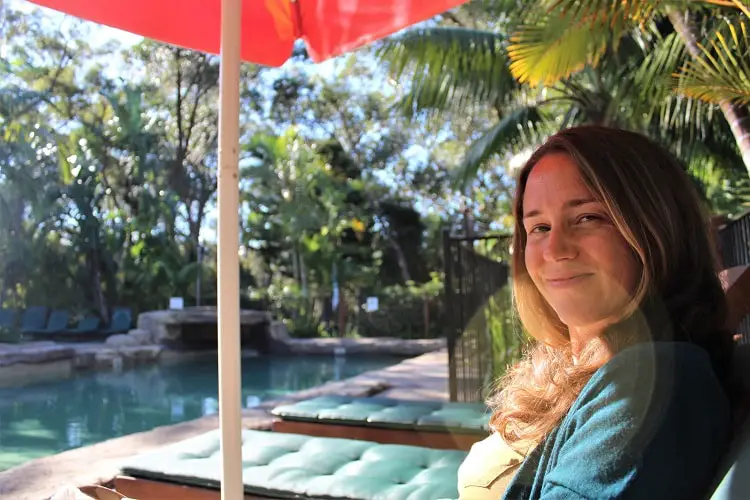 Female traveller by the pool at Big4 Sunshine Holiday Park, South West Rocks.