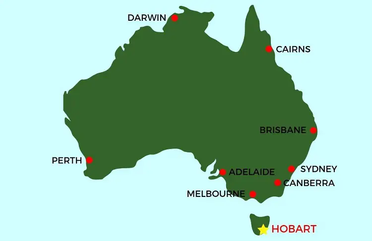 Map of Australia showing where Hobart, Tasmania is.