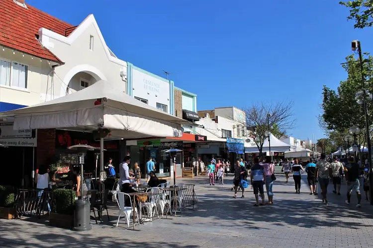 Shops and cafes in beachy Sydney suburb Cronulla.