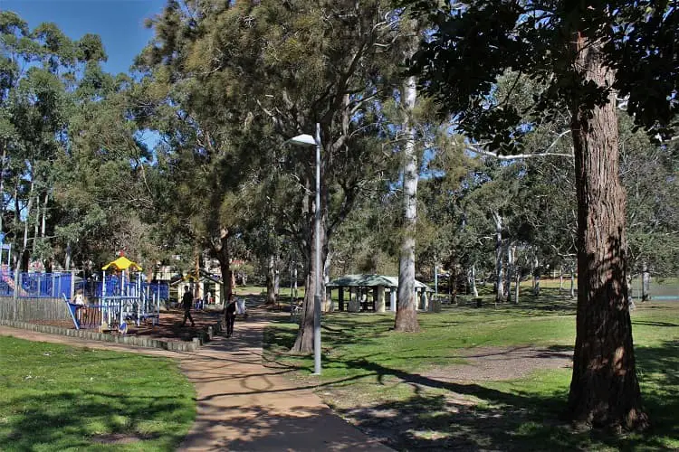 Gunnamatta Park playground and picnic tables in Cronulla.
