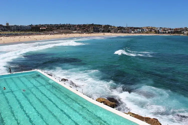 View of Bondi Beach from the pool at Bondi Icebergs: the start of the Bondi to Coogee walk.