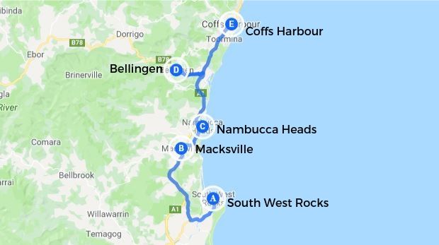 Mid-North Coast NSW map, Australia for a, East Coast road trip.