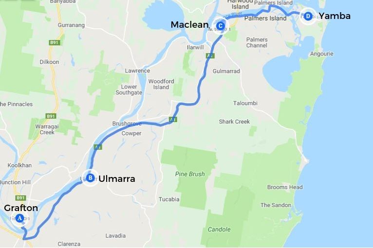 Northern Rivers NSW map: driving route from Grafton to Yamba, with drive stops at Ulmarra and Maclean.