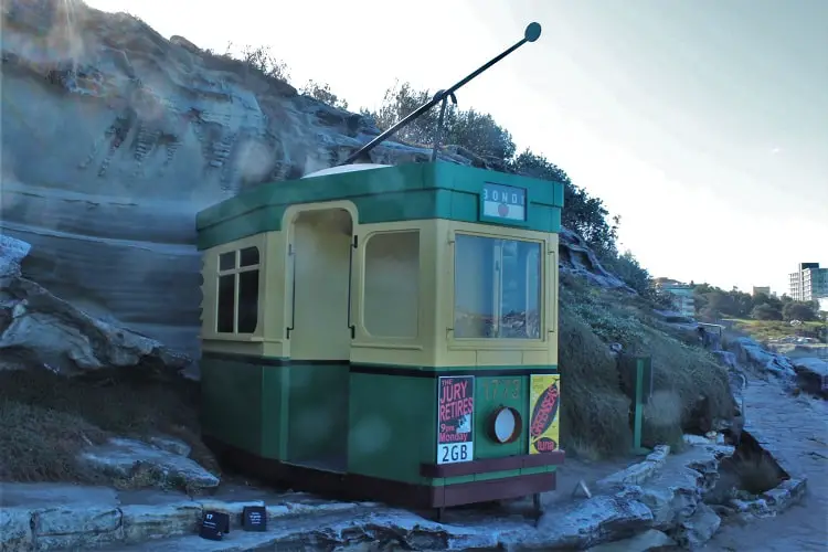 An old tram heading to Bondi at the Sculptures by the Sea exhinition, Sydney.