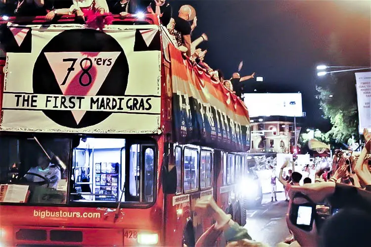 MArdi Gras bus in Sydney with the 1978 crew.