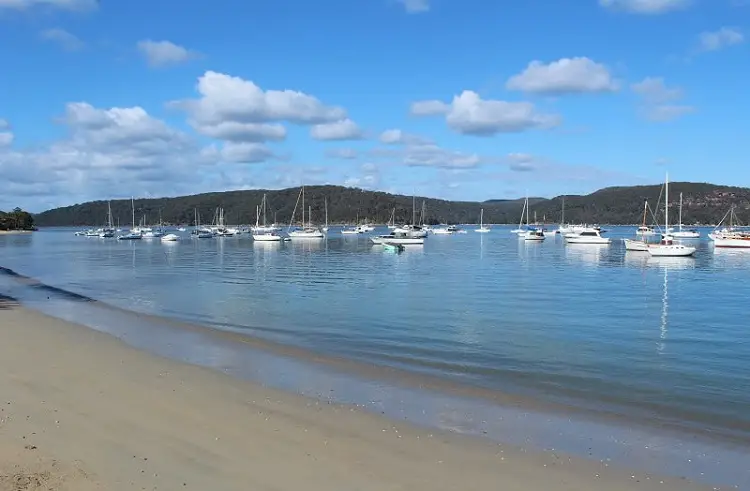 The Pittwater side of Palm Beach, with Ku-Ring-Gai Chase National Park across the water.