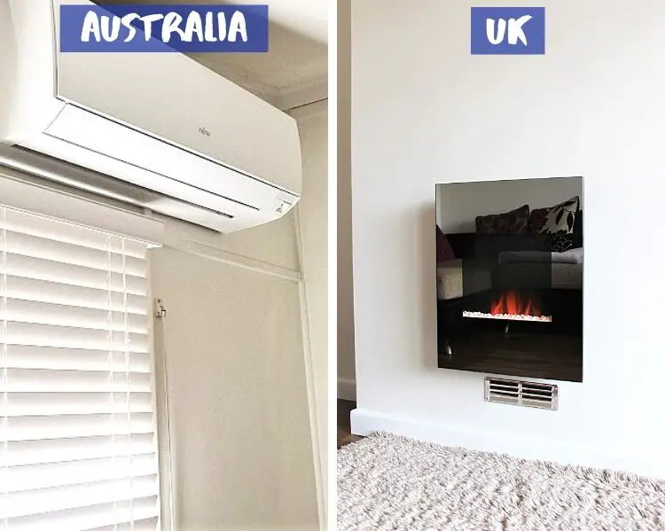 An air-conditioning unit in an Australian home compared to a wall fire in a UK house.