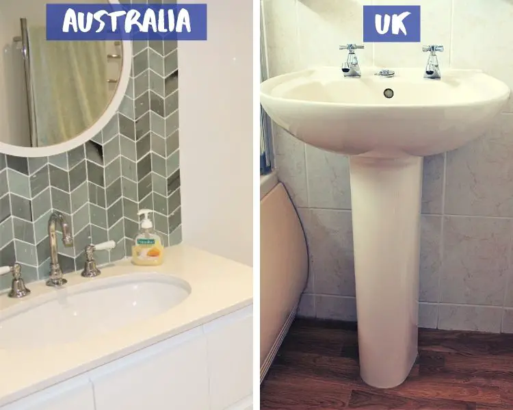 Australian bathroom compared to a UK bathroom: vanity unit underneath the sink vs a stand.