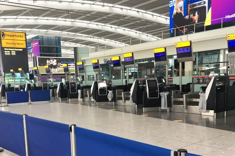 Empty check-in desks at Heathrow Airport in 2020 during the pandemic.