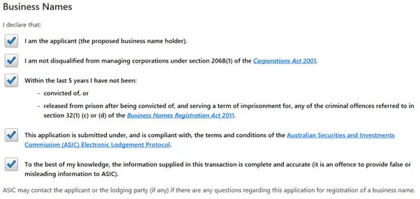 Business name application Australia example.