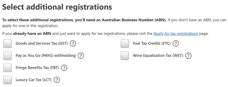 Screenshot of selecting additional business registrations in Australia, e.g. GST.