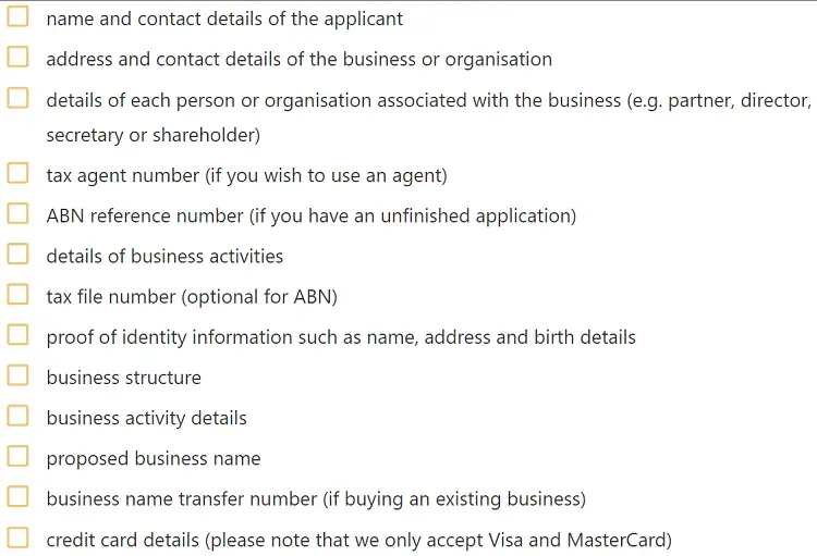 Screenshot of information needed to register a business in Australia. ABR.