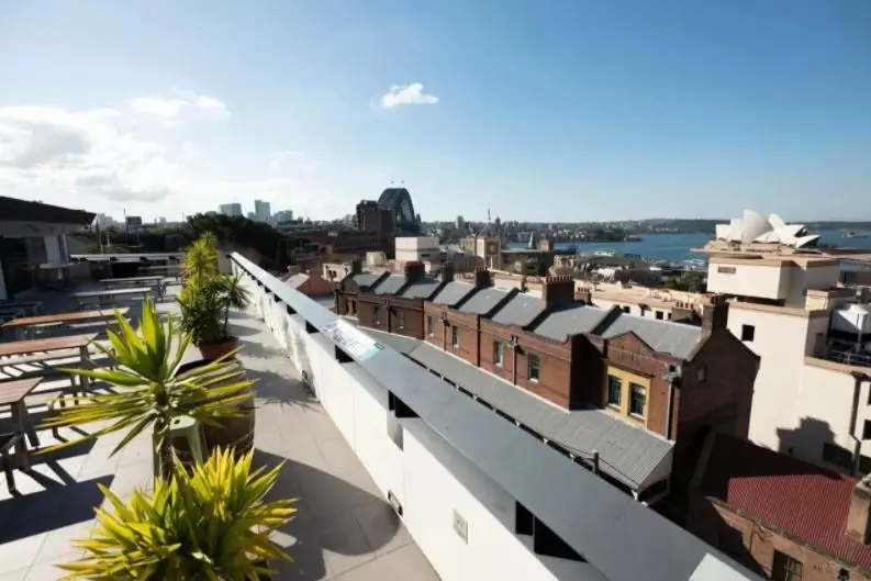 View from the rooftop terrace at Sydney Harbour YHA: historic building in The Rocks and Sydney Harbour.